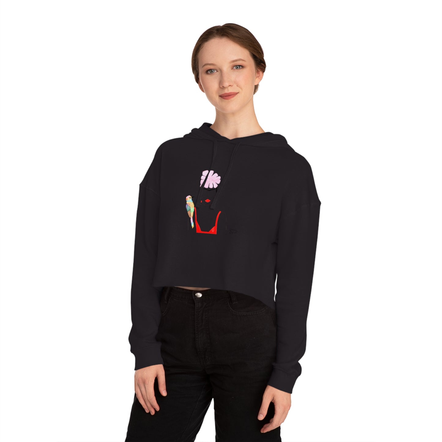 Frida Kahlo Women’s Cropped Hooded Sweatshirt with Floral and Bird Design