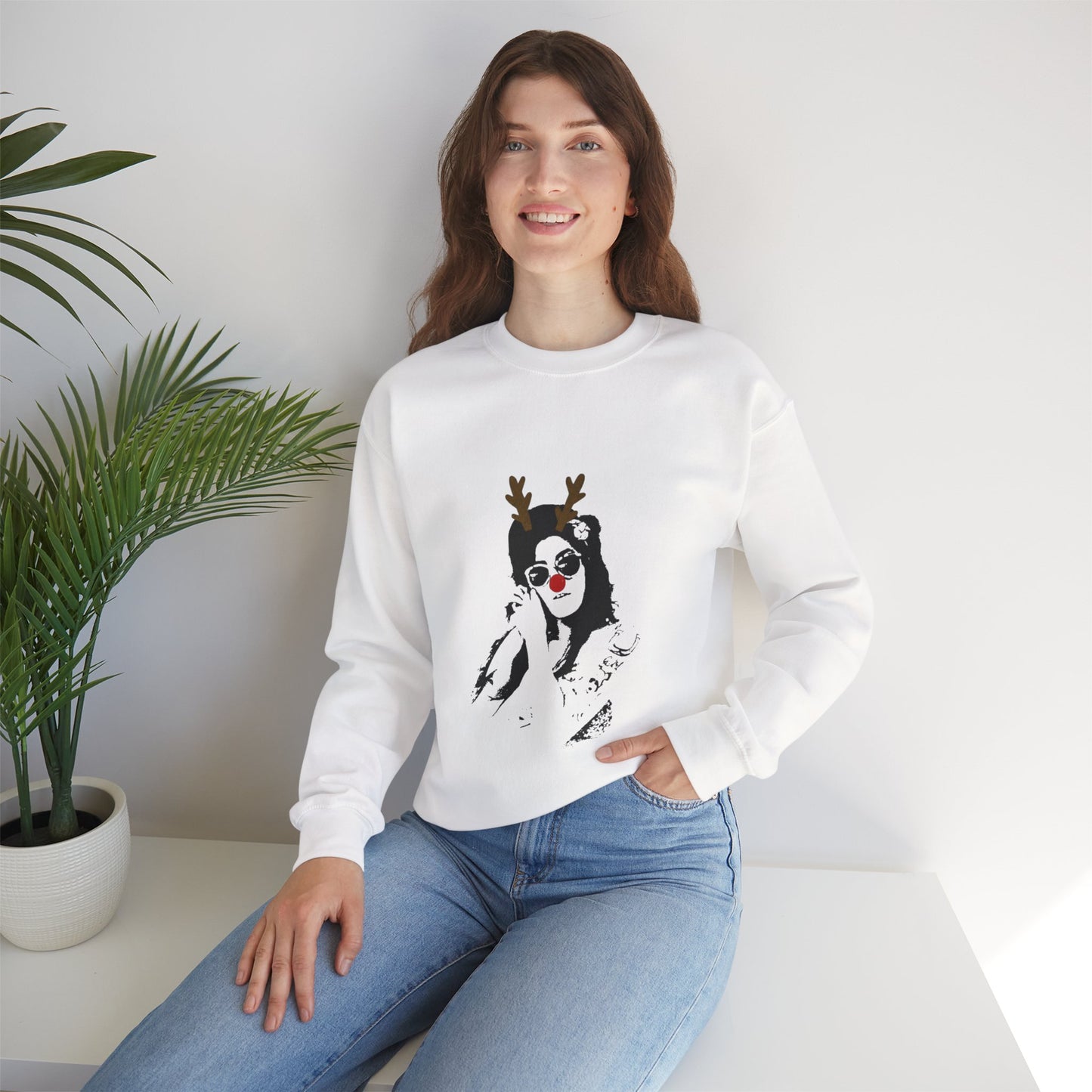 Festive Amy Reindeer Crewneck Sweatshirt - Holiday Sweatshirt, Christmas Gift, Cozy Sweater, Unisex Apparel, Winter Fashion