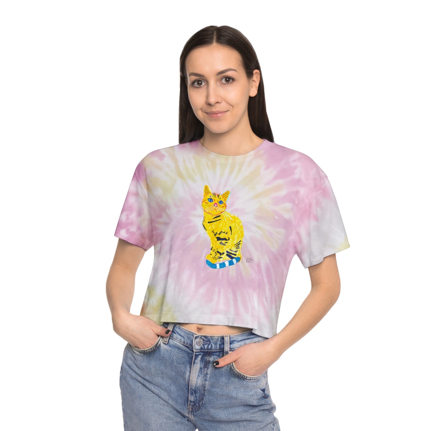 Women's Tie-Dye Crop Tee with Playful Cat Design, Summer Vibes, Festival Wear, Casual Outfit, Gift for Cat Lovers
