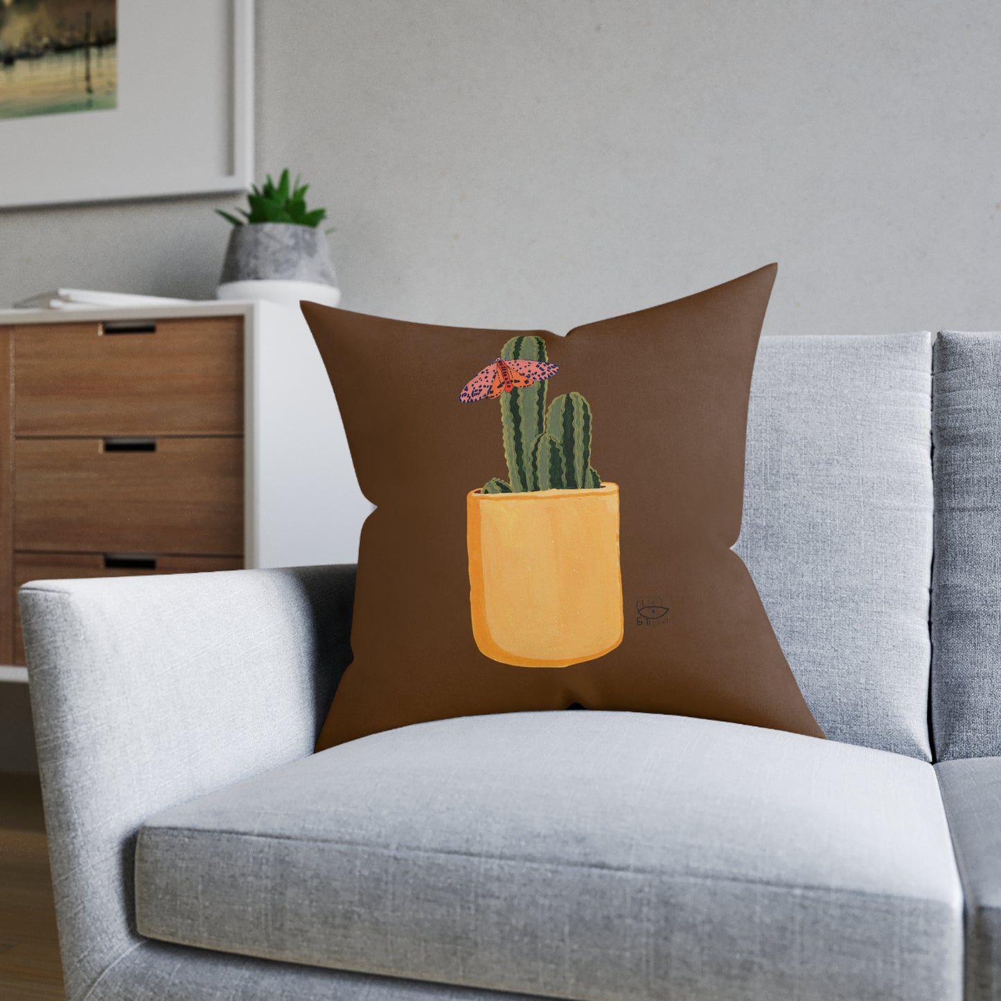 Mr Cactus & Butterfly Square Pillow - Pink Back