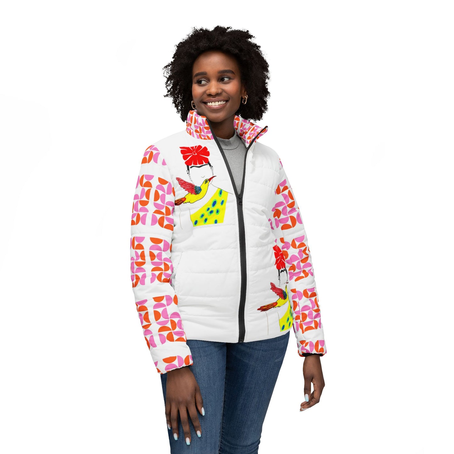 Frida Kahlo Inspired Women’s Puffer Jacket | Colorful, Cozy Outerwear for Art Lovers
