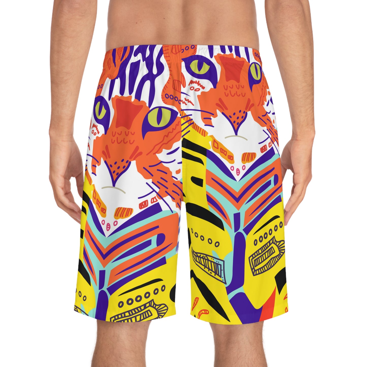 Bold Cat Face Board Shorts — Colorful Tropical Surf Trunks