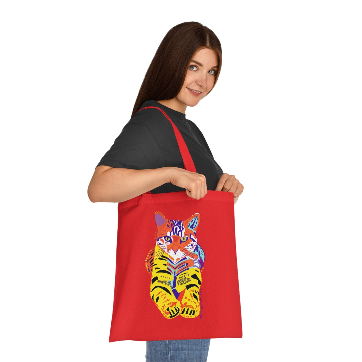 Colorful Tiger Cat Cotton Tote Bag — Vibrant Neon Cat Illustration Tote