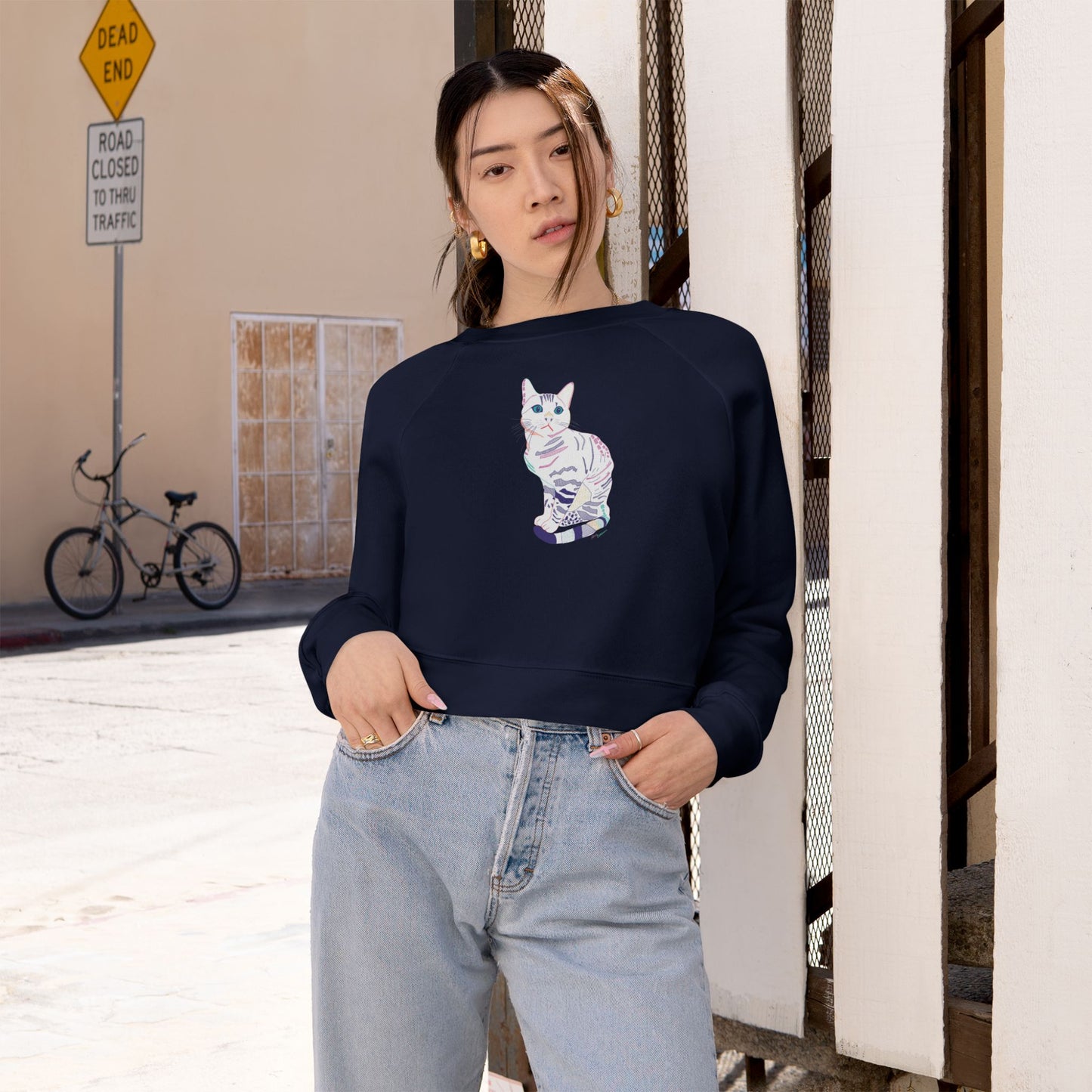 Cropped Pullover — White Cat Graphic