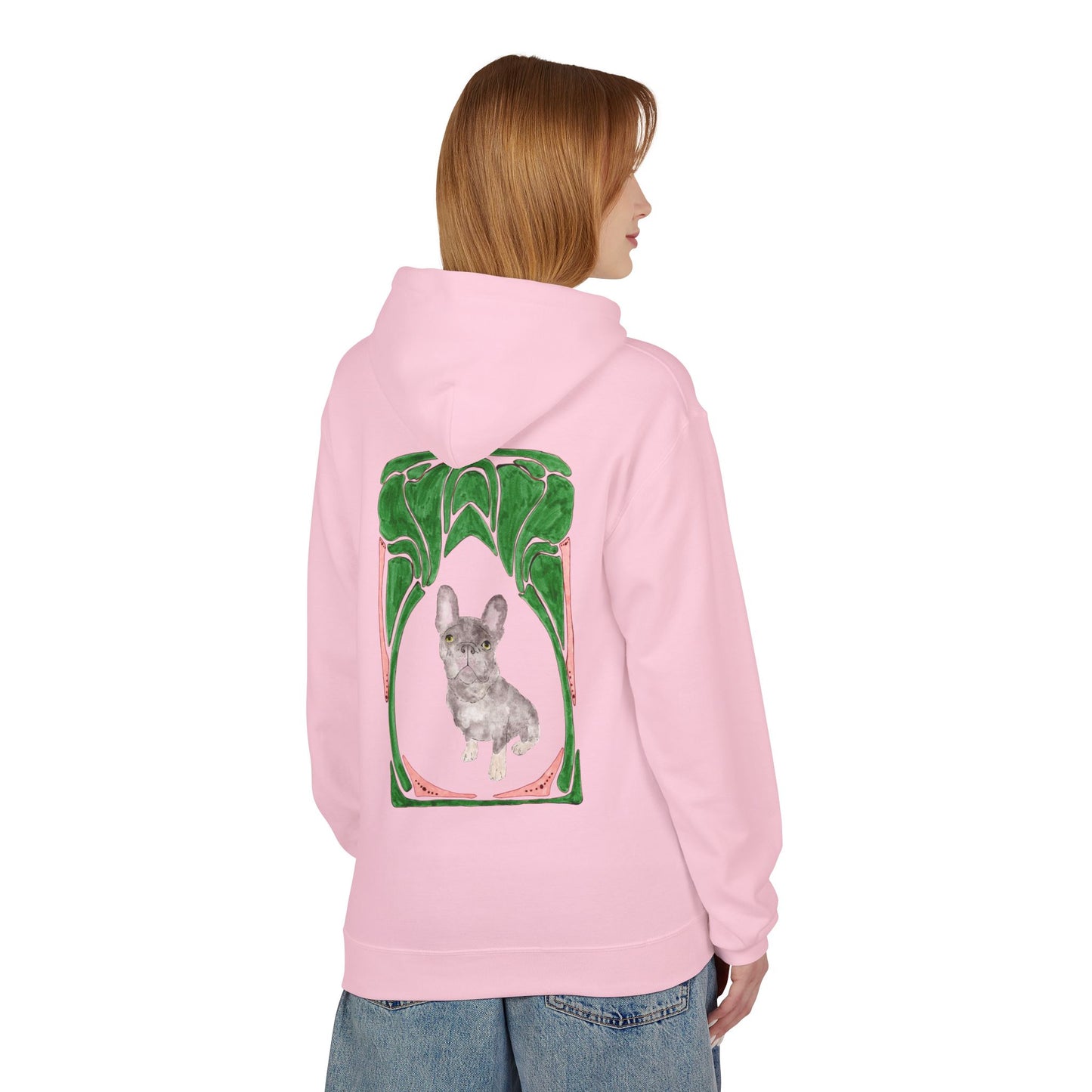 French Bulldog Art Hoodie — Watercolor with Green Frame Back Print
