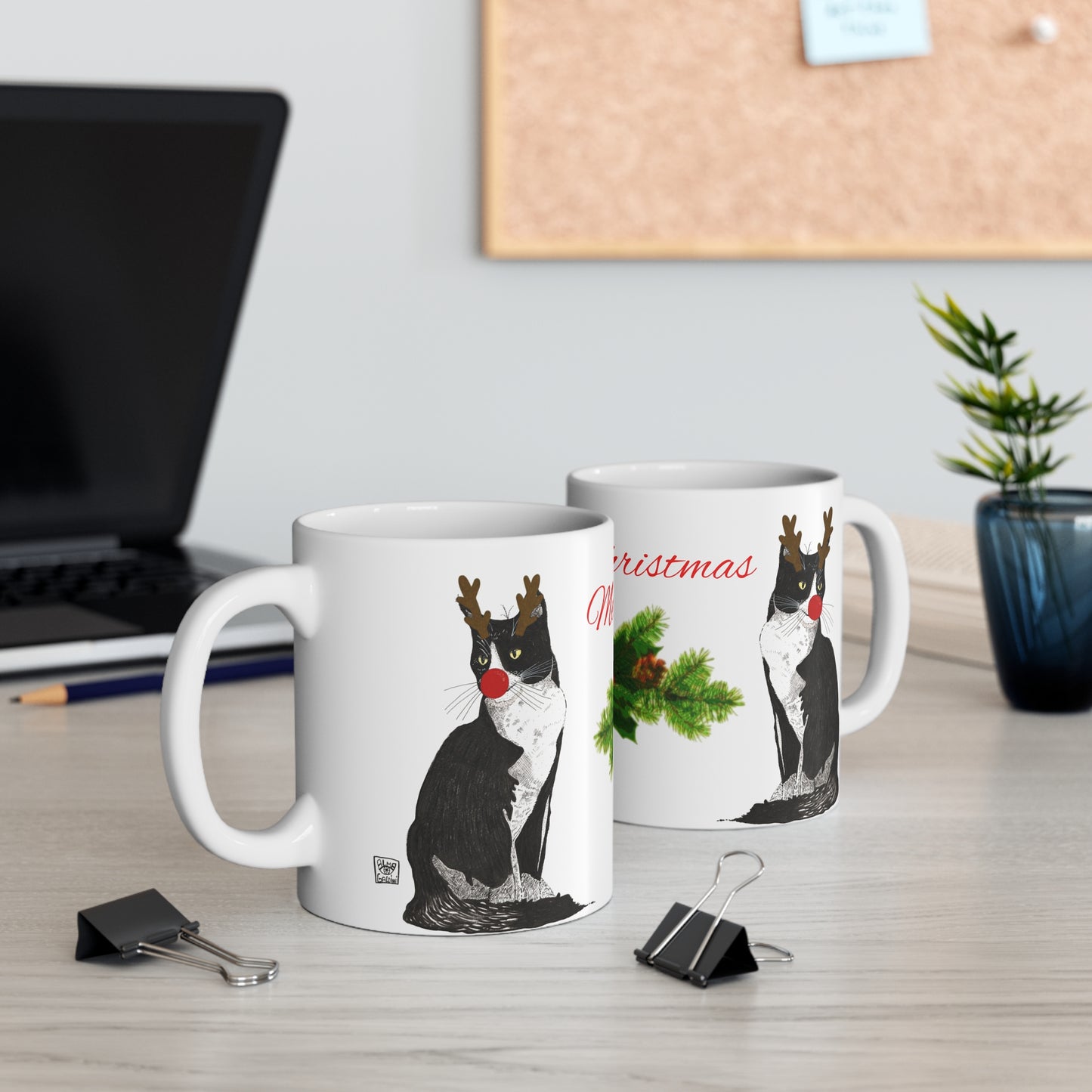 Christmas Cat Mug - 'Merry Christmas' Holiday Coffee Cup with Reindeer Antler Tuxedo Cat