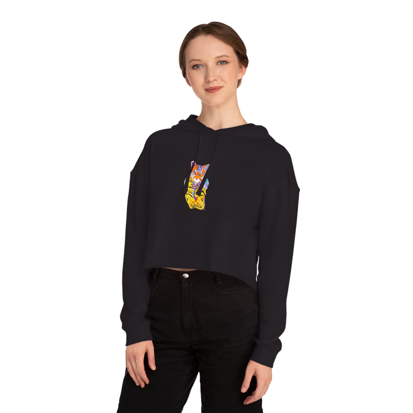 Colorful Tiger Graphic Women’s Cropped Hooded Sweatshirt - Trendy & Stylish Apparel