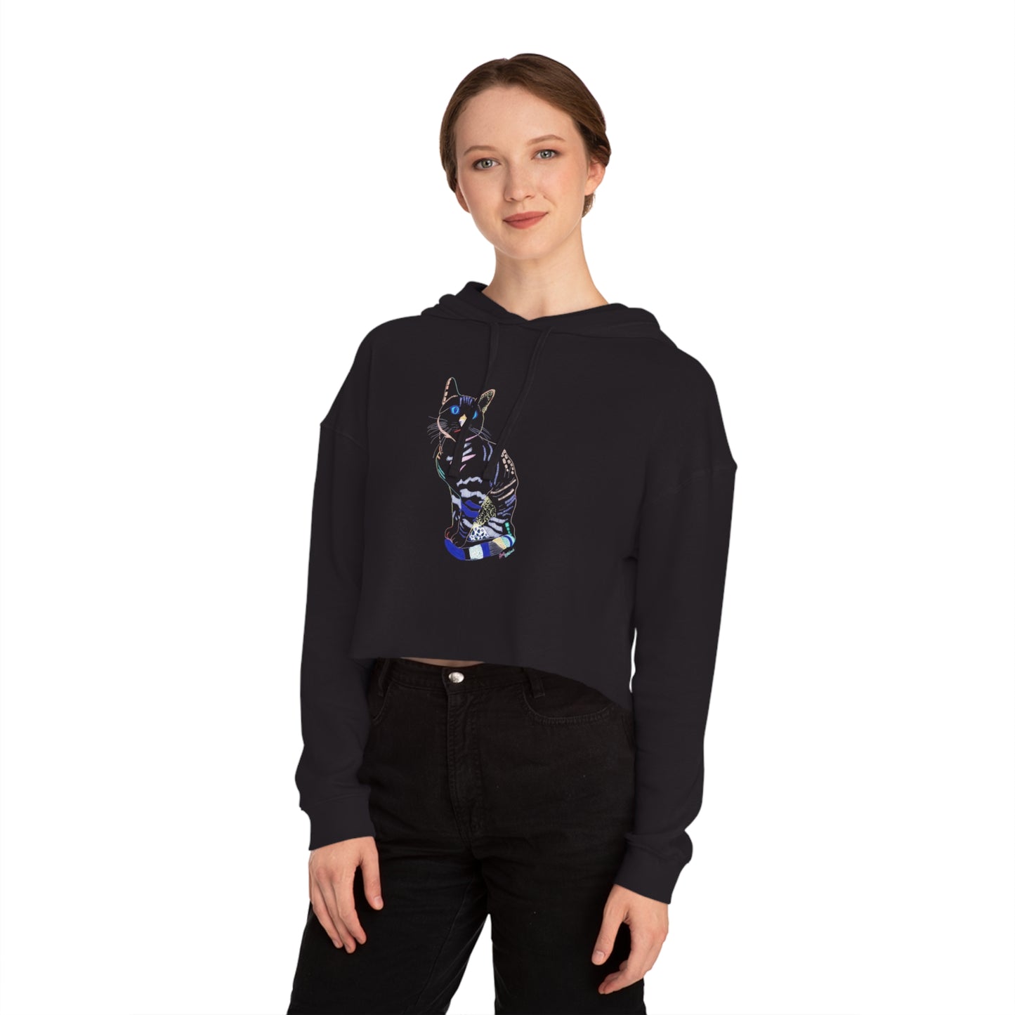 Cute Cat Graphic Cropped Hooded Sweatshirt for Women