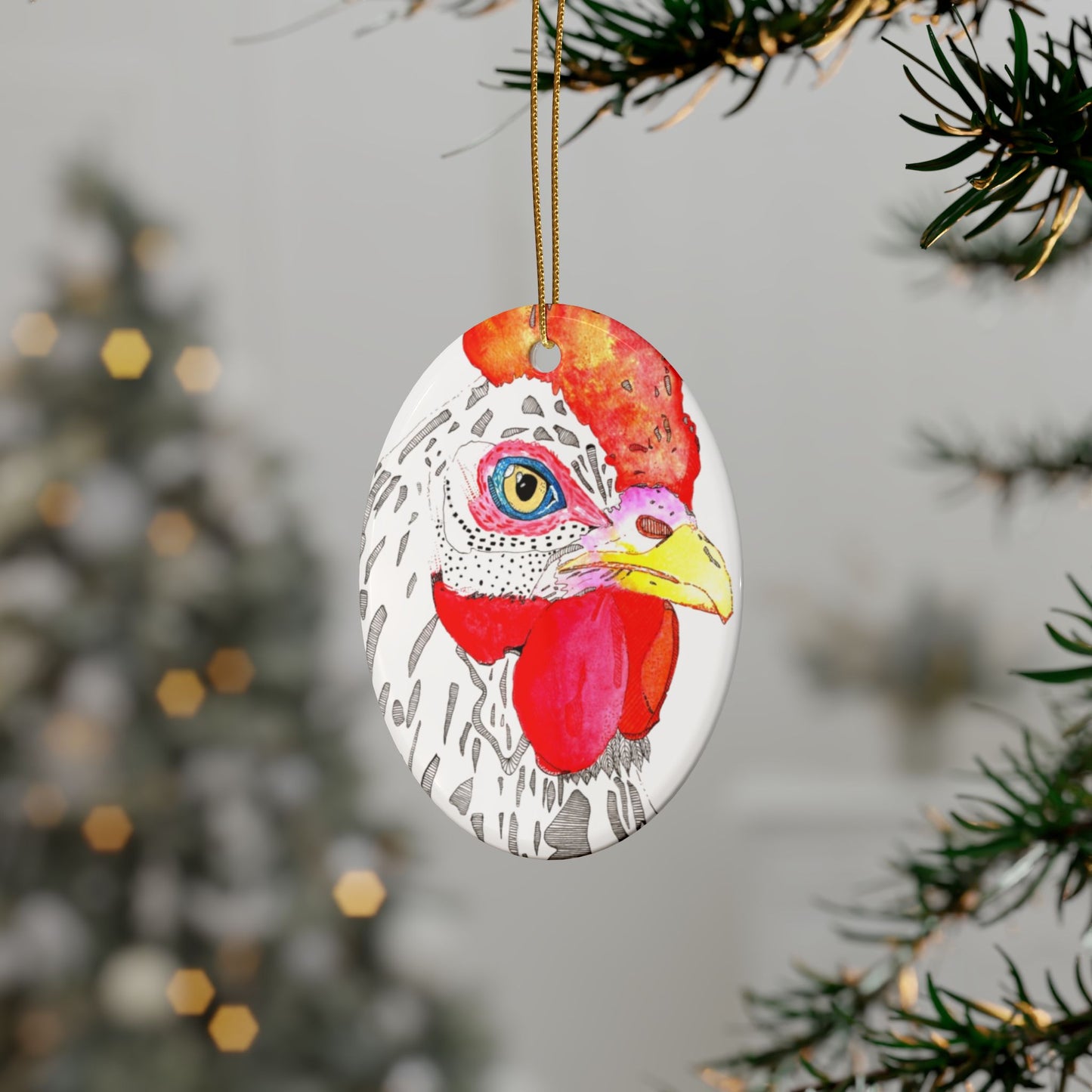 Custom Heart-Shaped Ceramic Ornaments - Colorful Chicken Design, Perfect for Christmas, Farmhouse Decor, and Gifting