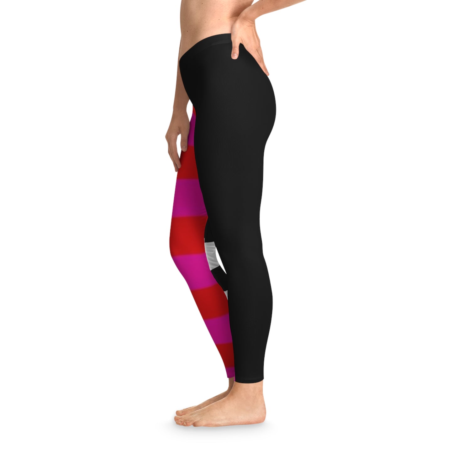 Bold Stripe Colorblock Leggings — Black, Red & Pink Patterned Activewear