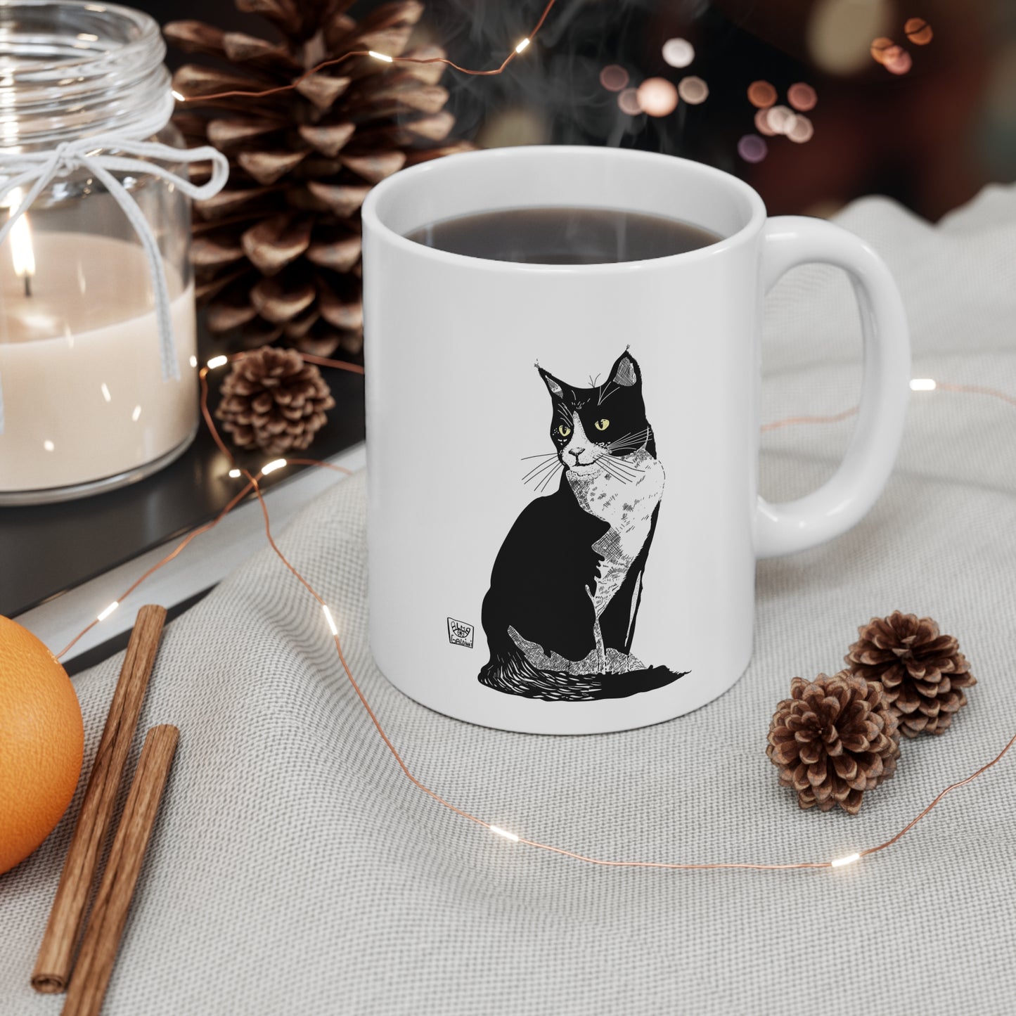 Black Cat Illustration Coffee Mug — Black & White Tuxedo Cat Ceramic Mug (11oz, 15oz)