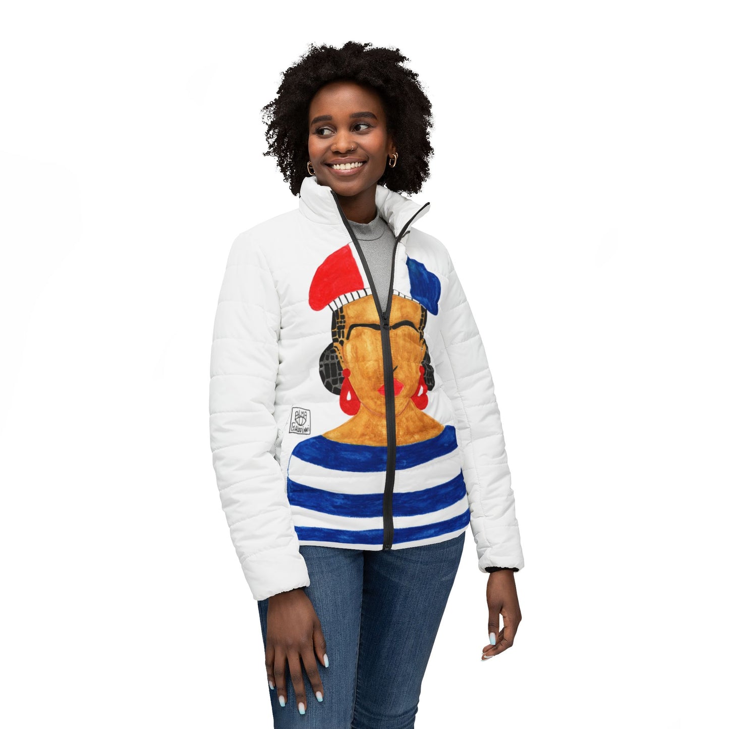 Frida In Paris Puffer Jacket with Artful Design – Celebrating Diversity and Empowerment
