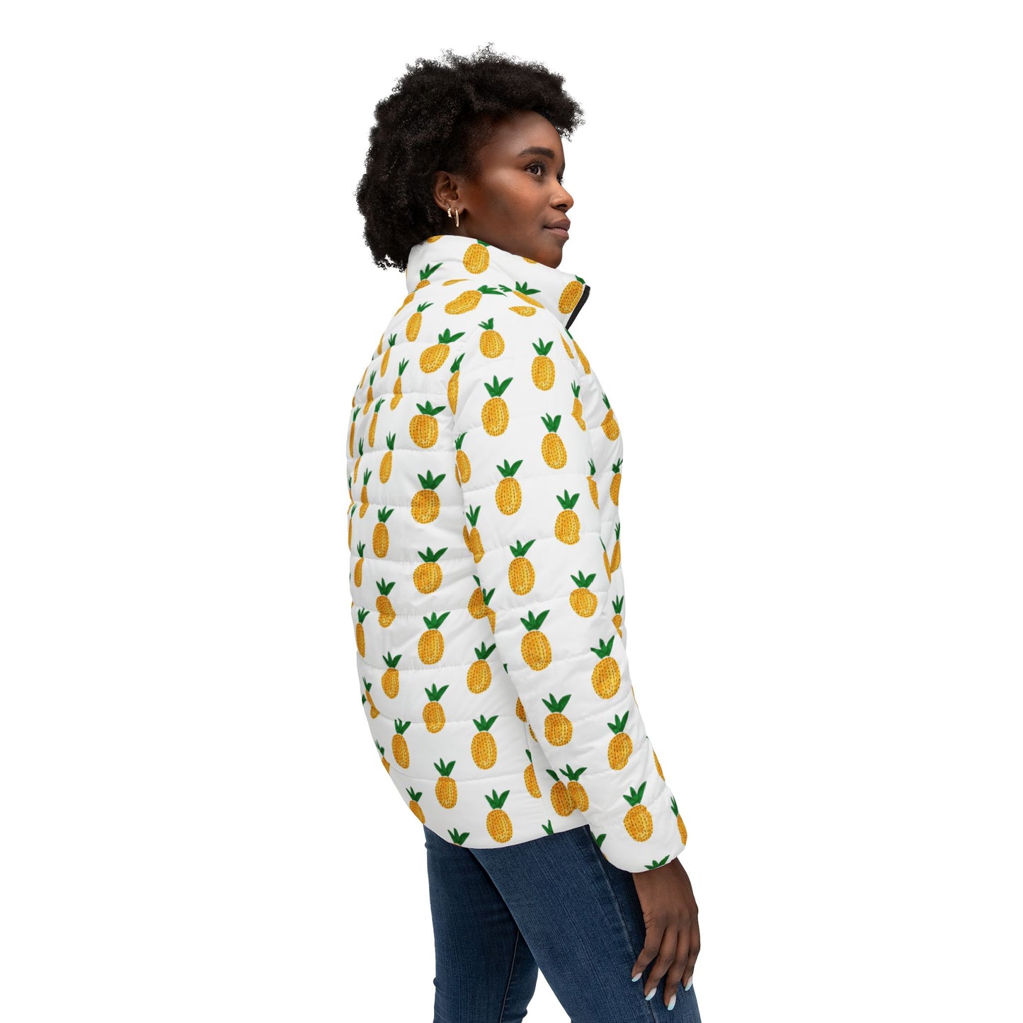 Pineapple Print Women's Puffer Jacket – All-Over White Tropical Coat