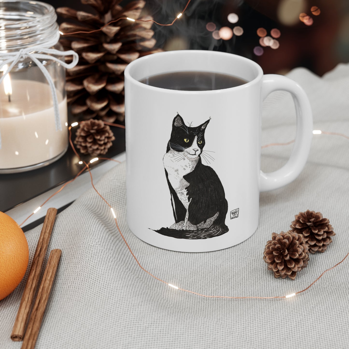 Black Cat Illustration Coffee Mug — Black & White Tuxedo Cat Ceramic Mug (11oz, 15oz)