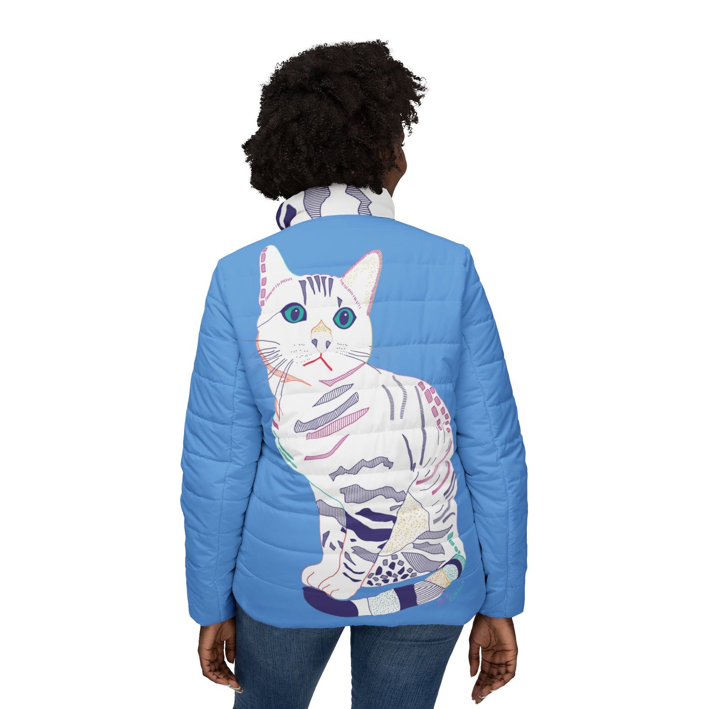 Blue Cat Puffer Jacket — Cute Illustrated Tabby Women’s Coat