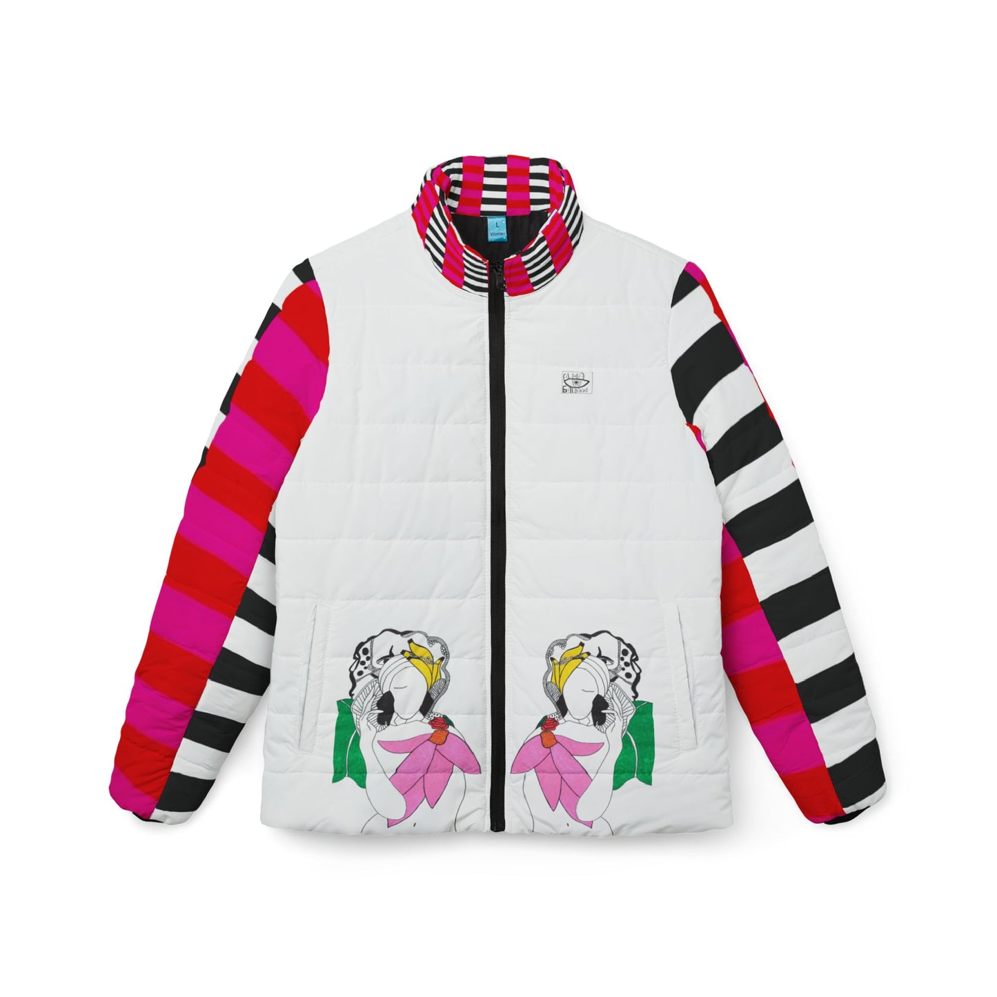 Women’s Puffer Jacket — Tropicalia Art Illustration, Bold Striped Sleeves