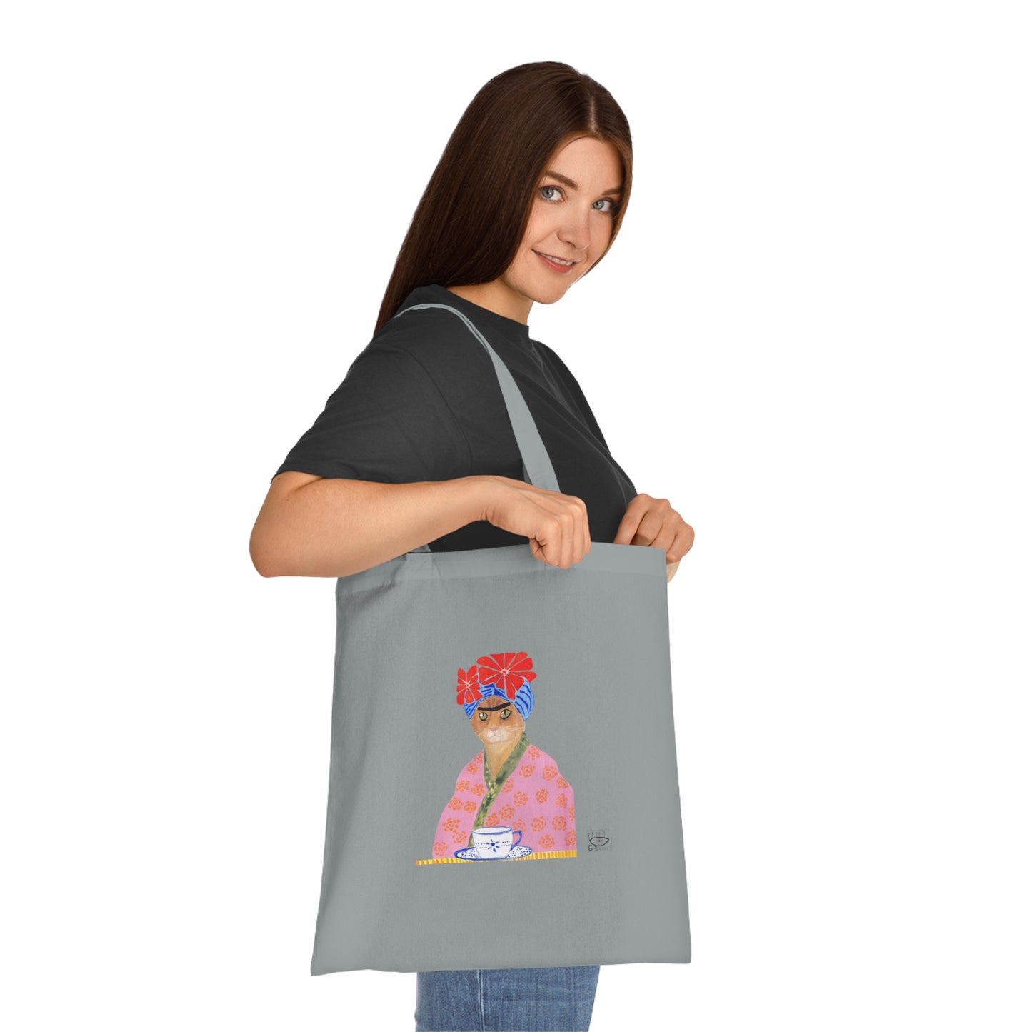 Frida Cat Cotton Tote Bag with Illustrated Woman Design