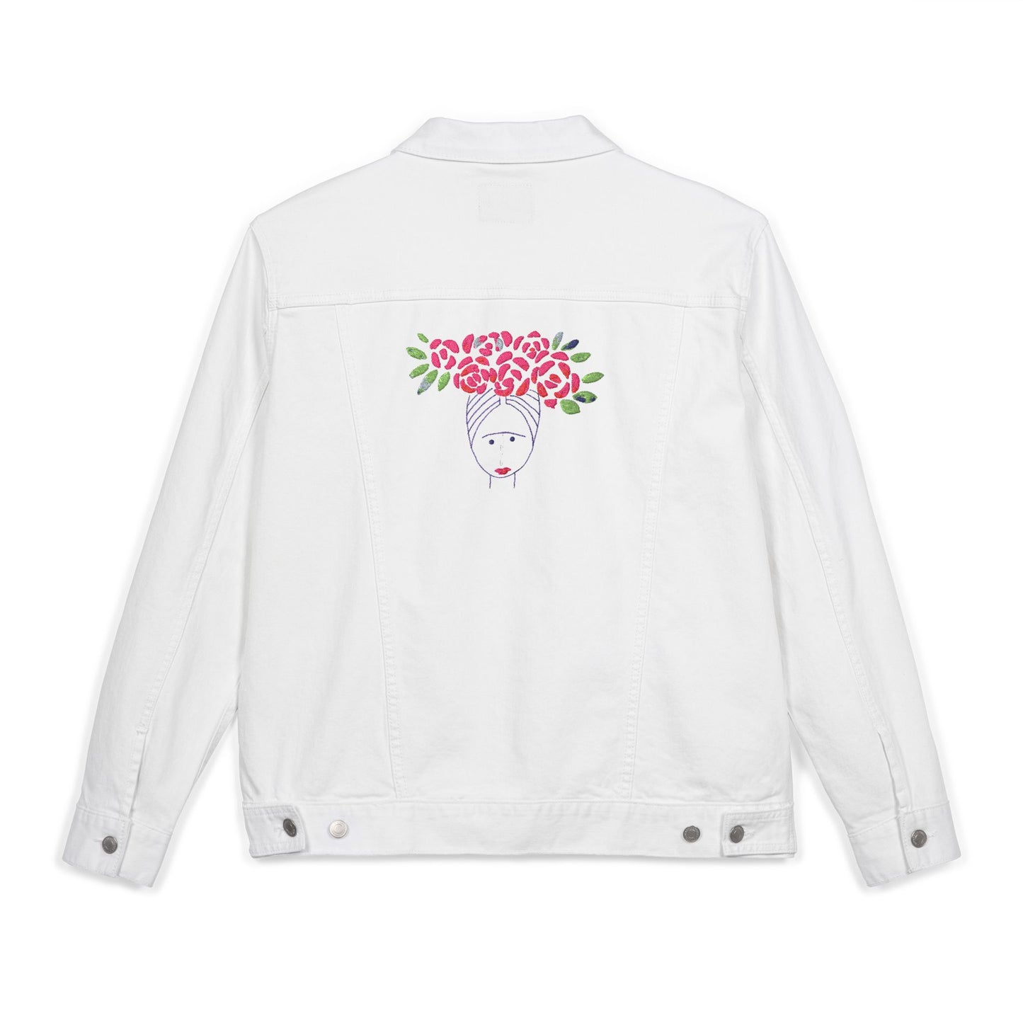 Fridinha kahlo White Embroidered Denim Jacket, Casual Outerwear, Floral Design, Gift for Her, Trendy Fashion Statement, Summer Style