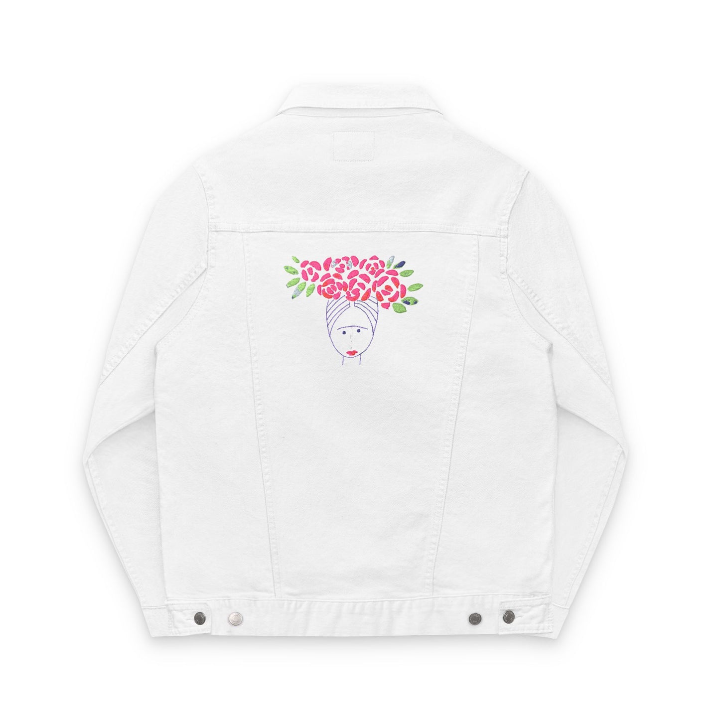 Fridinha kahlo White Embroidered Denim Jacket, Casual Outerwear, Floral Design, Gift for Her, Trendy Fashion Statement, Summer Style
