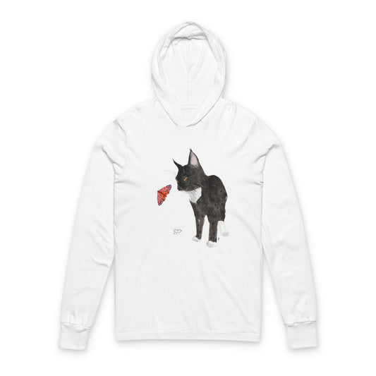 Charming Cat & Butterfly Hoodie, Animal Lovers Gift, Cozy Unisex Long Sleeve Tee, Perfect for Birthdays, Casual Wear, Spring & Summer