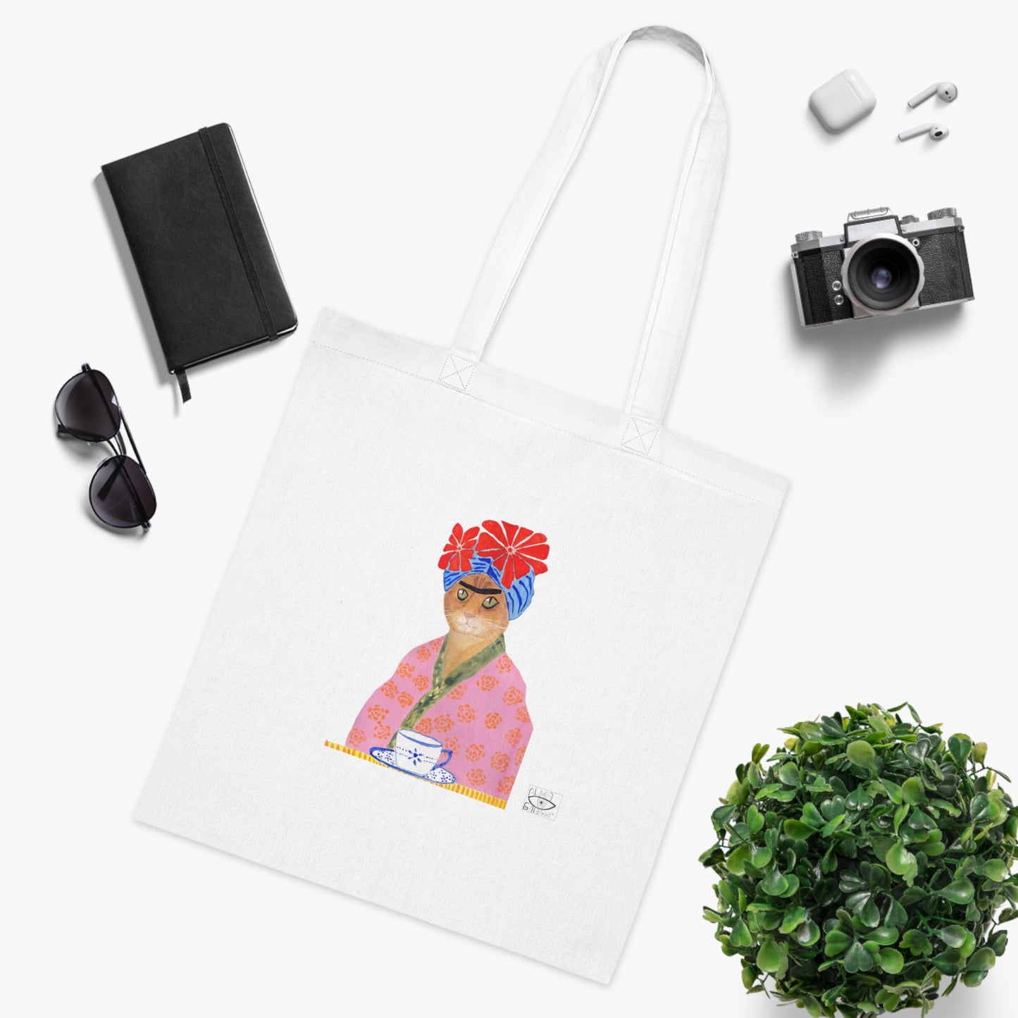 Frida Cat Cotton Tote Bag with Illustrated Woman Design