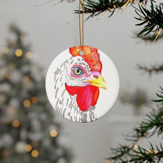 Custom Heart-Shaped Ceramic Ornaments - Colorful Chicken Design, Perfect for Christmas, Farmhouse Decor, and Gifting