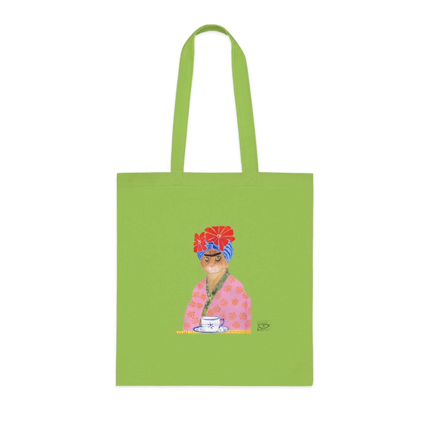 Frida Cat Cotton Tote Bag with Illustrated Woman Design