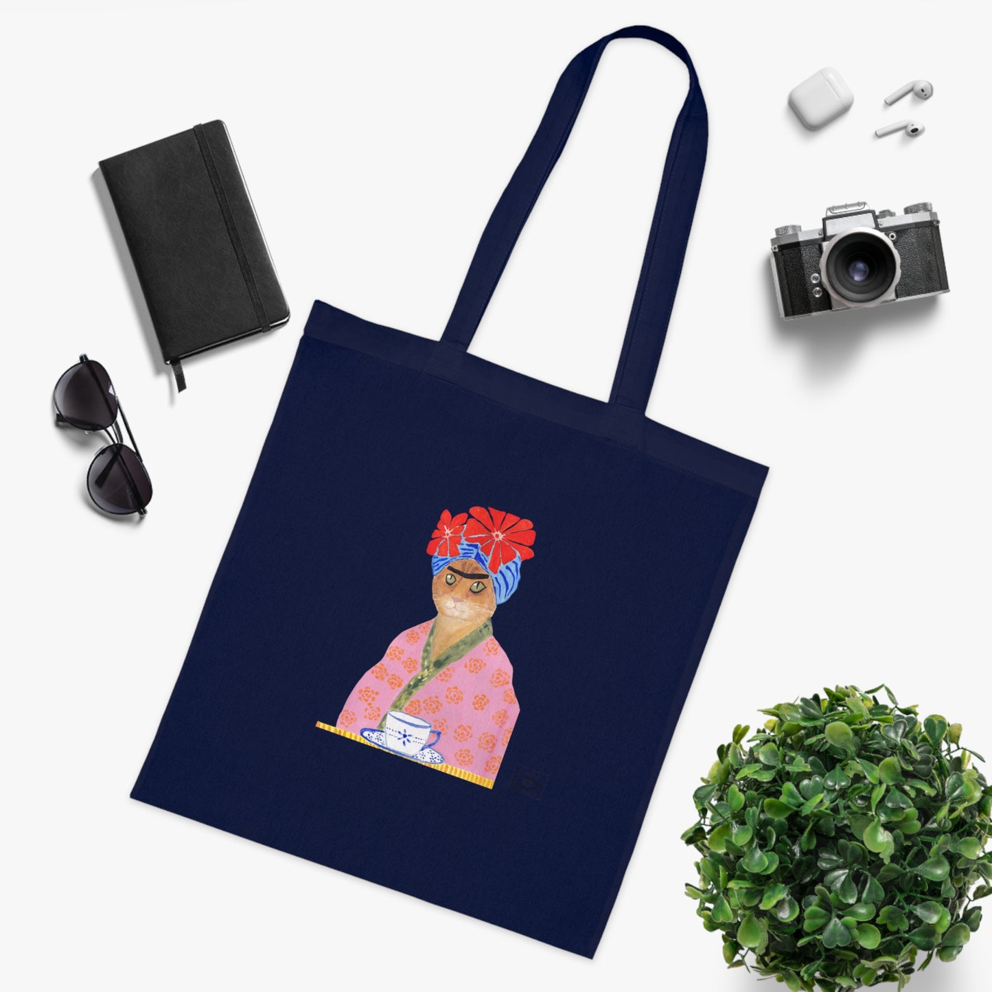 Frida Cat Cotton Tote Bag with Illustrated Woman Design