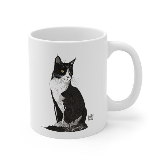 Black Cat Illustration Coffee Mug — Black & White Tuxedo Cat Ceramic Mug (11oz, 15oz)