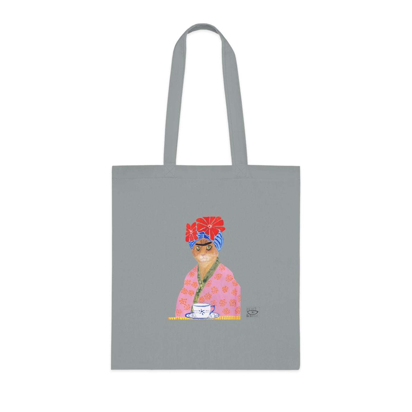 Frida Cat Cotton Tote Bag with Illustrated Woman Design