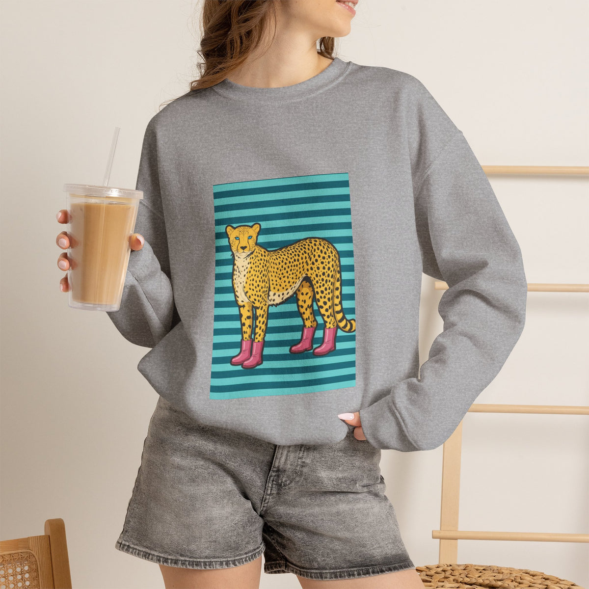 Cheetah in pink boots Unisex Heavy Blend™ Crewneck Sweatshirt