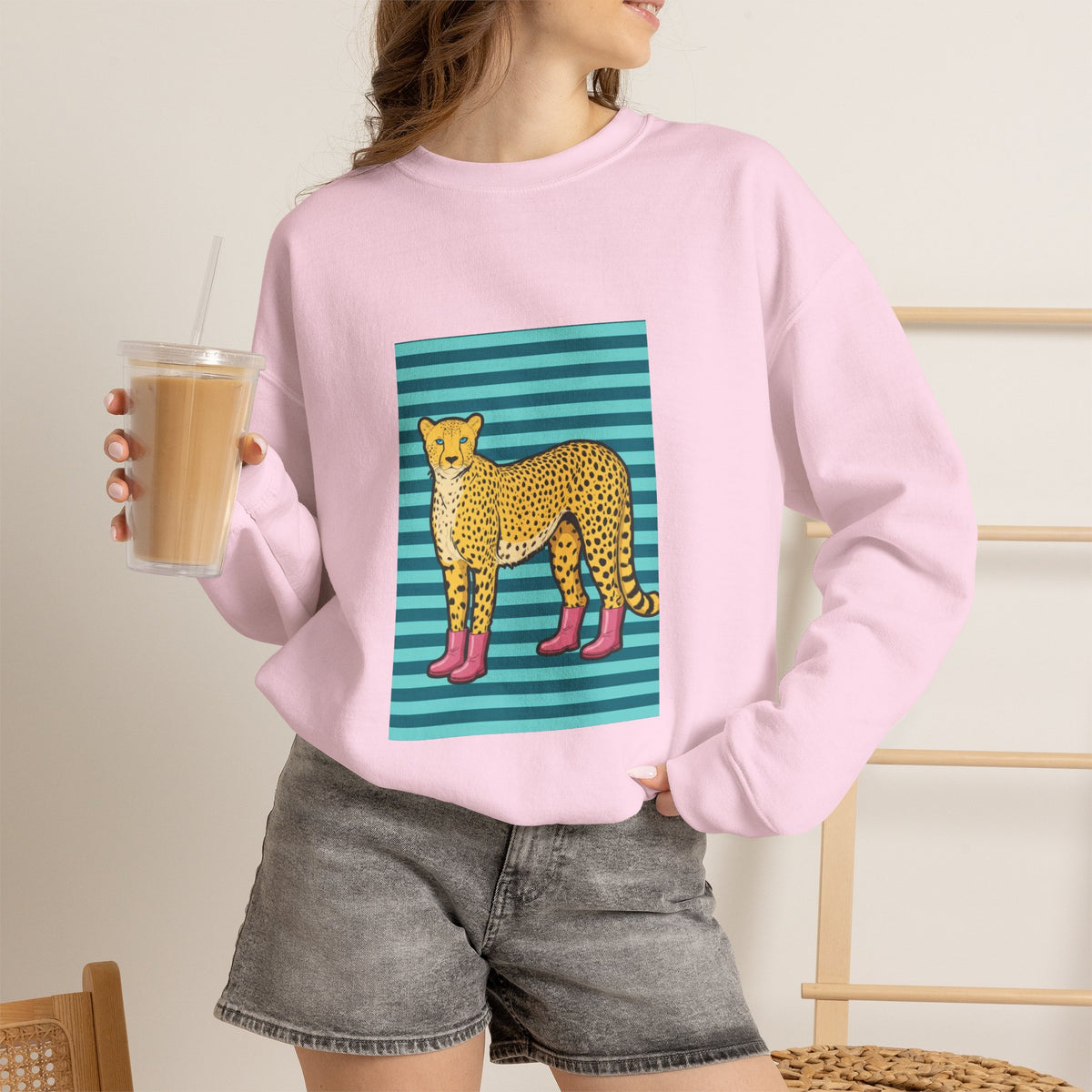 Cheetah in pink boots Unisex Heavy Blend™ Crewneck Sweatshirt