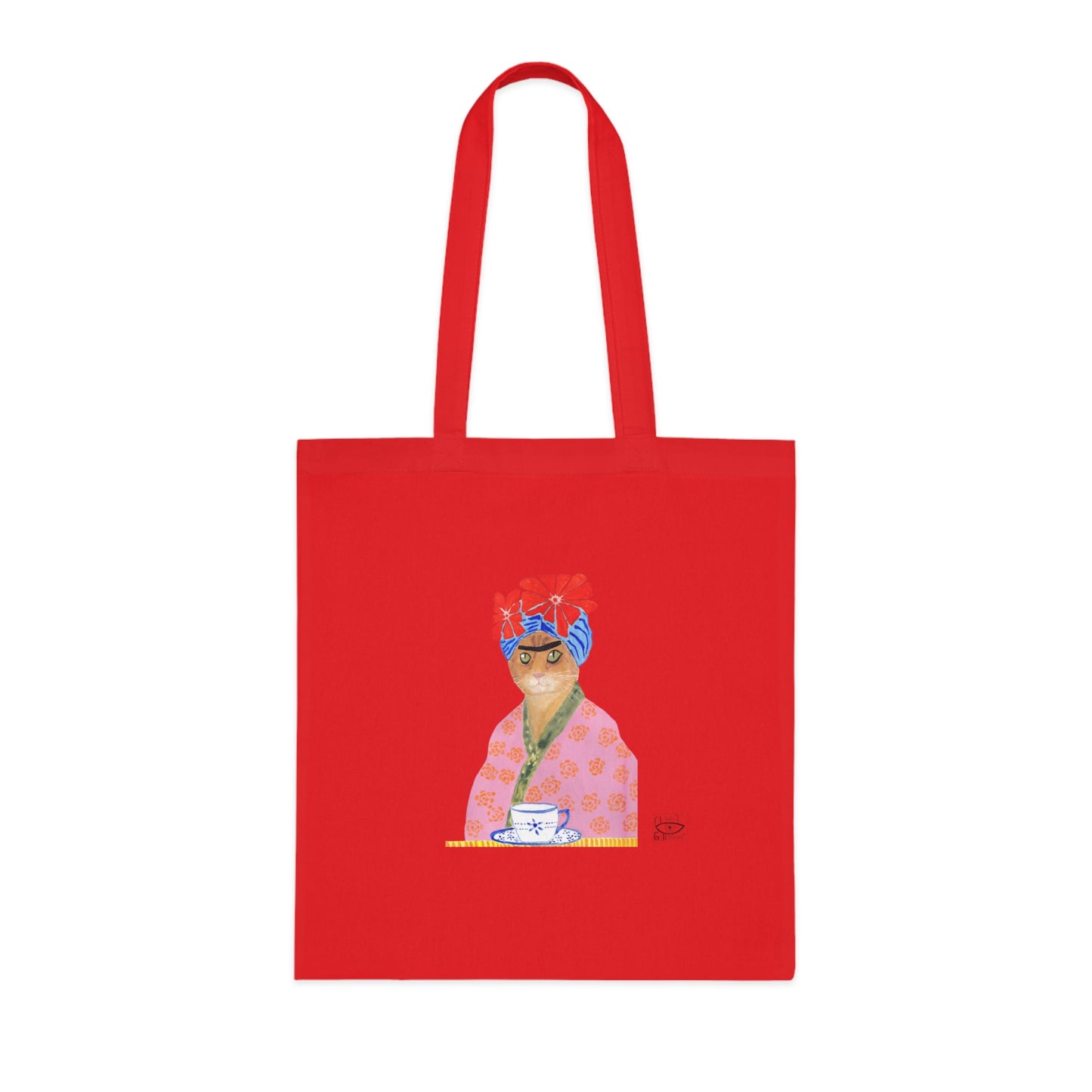 Frida Cat Cotton Tote Bag with Illustrated Woman Design
