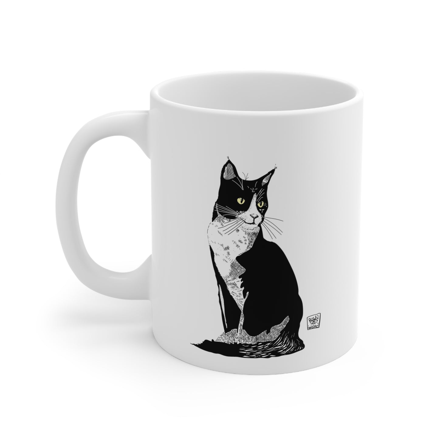 Black Cat Illustration Coffee Mug — Black & White Tuxedo Cat Ceramic Mug (11oz, 15oz)