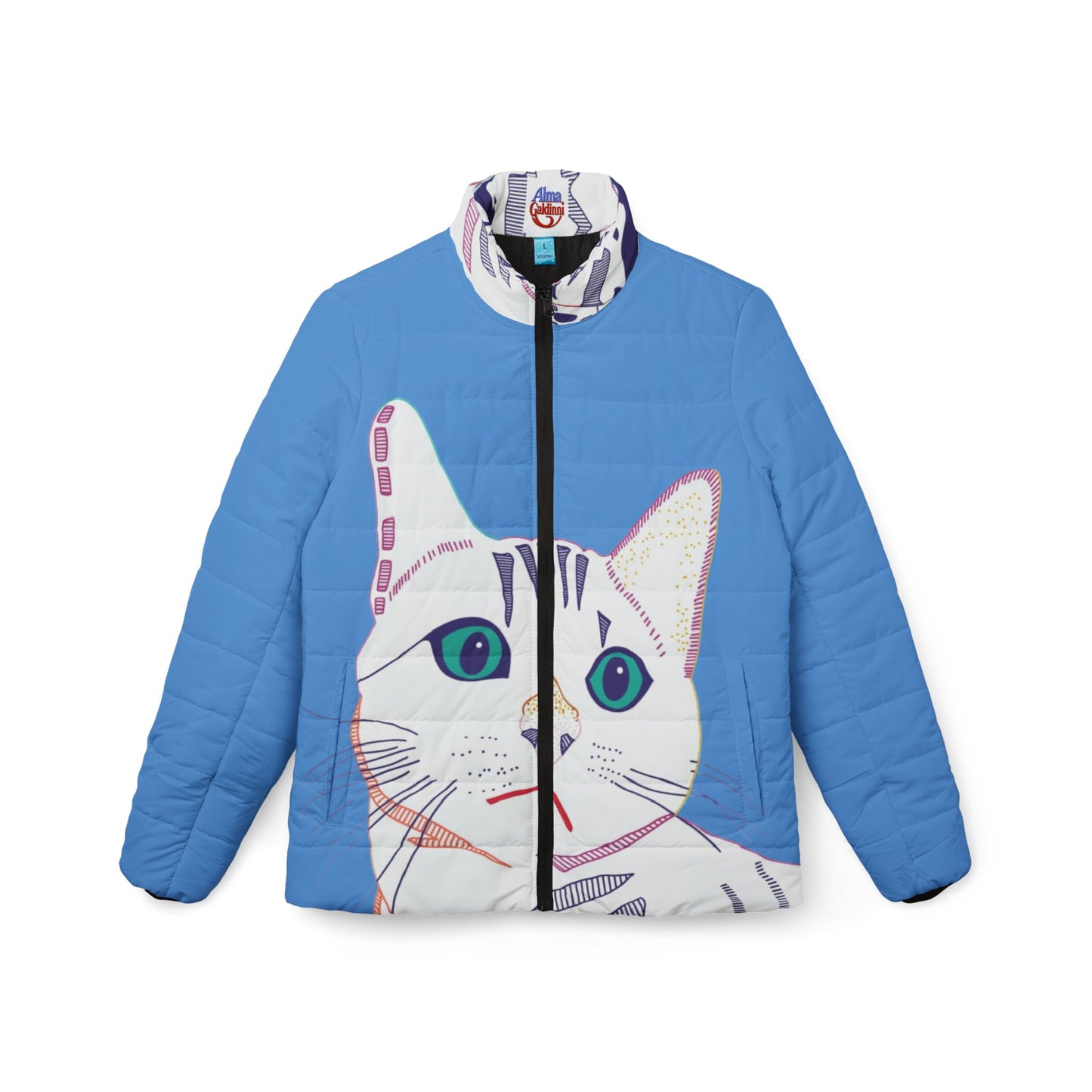 White Cat Puffer Jacket — Cute Illustrated Tabby Women’s Coat