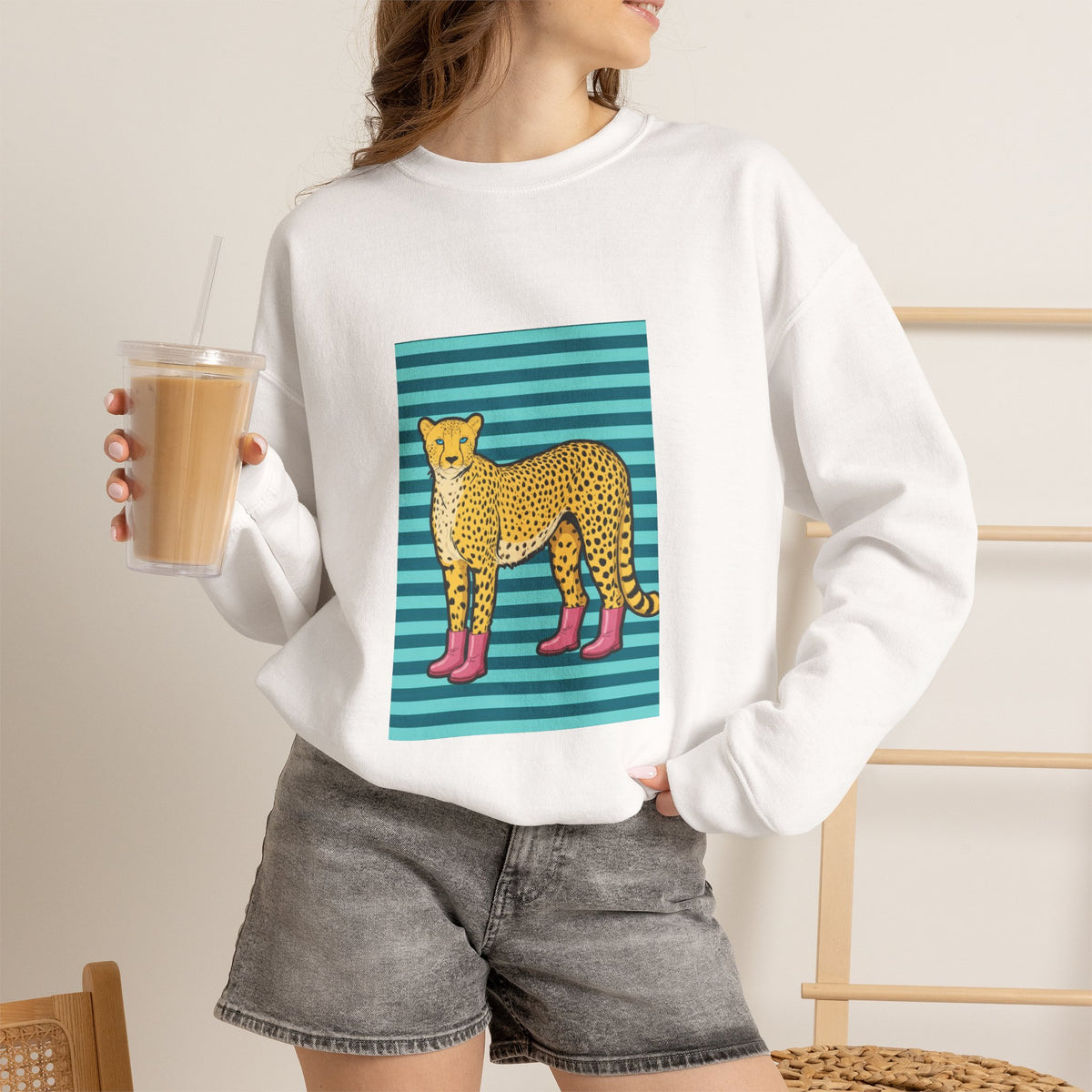 Cheetah in pink boots Unisex Heavy Blend™ Crewneck Sweatshirt