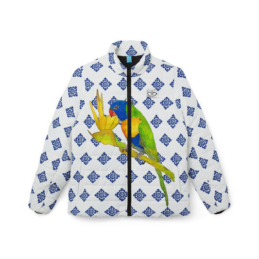 POrtugal tiles and Parrot Puffer Jacket — Women’s Quilted Bird Print Winter Coat