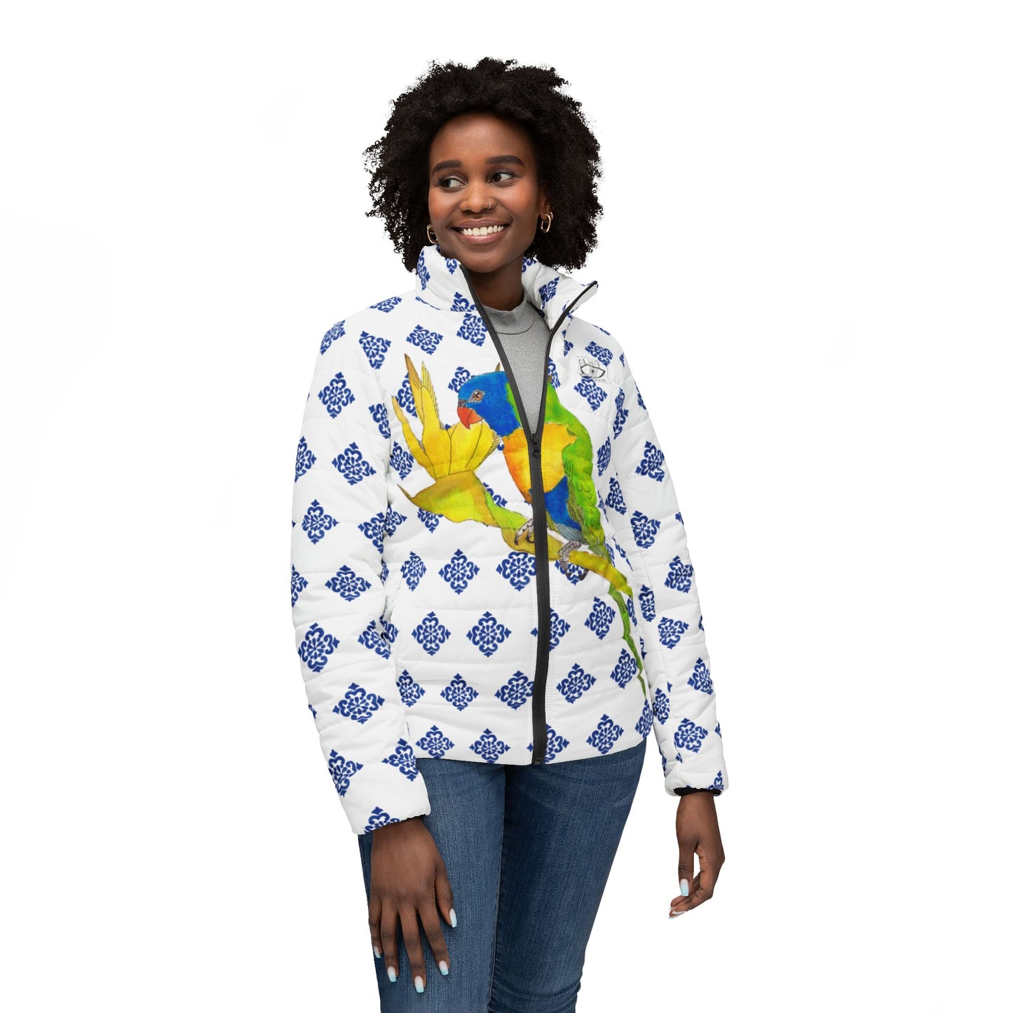 POrtugal tiles and Parrot Puffer Jacket — Women’s Quilted Bird Print Winter Coat