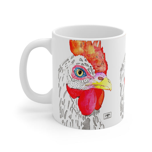 Artistic Chicken Mug - 11oz White Coffee Cup with Colorful Hen Design