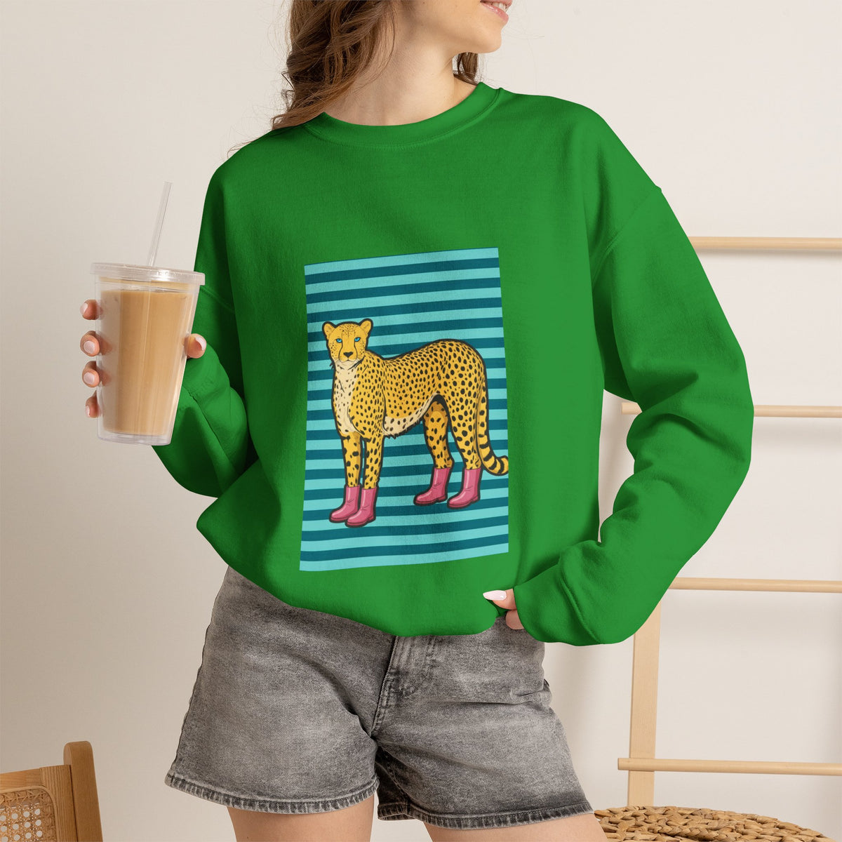 Cheetah in pink boots Unisex Heavy Blend™ Crewneck Sweatshirt