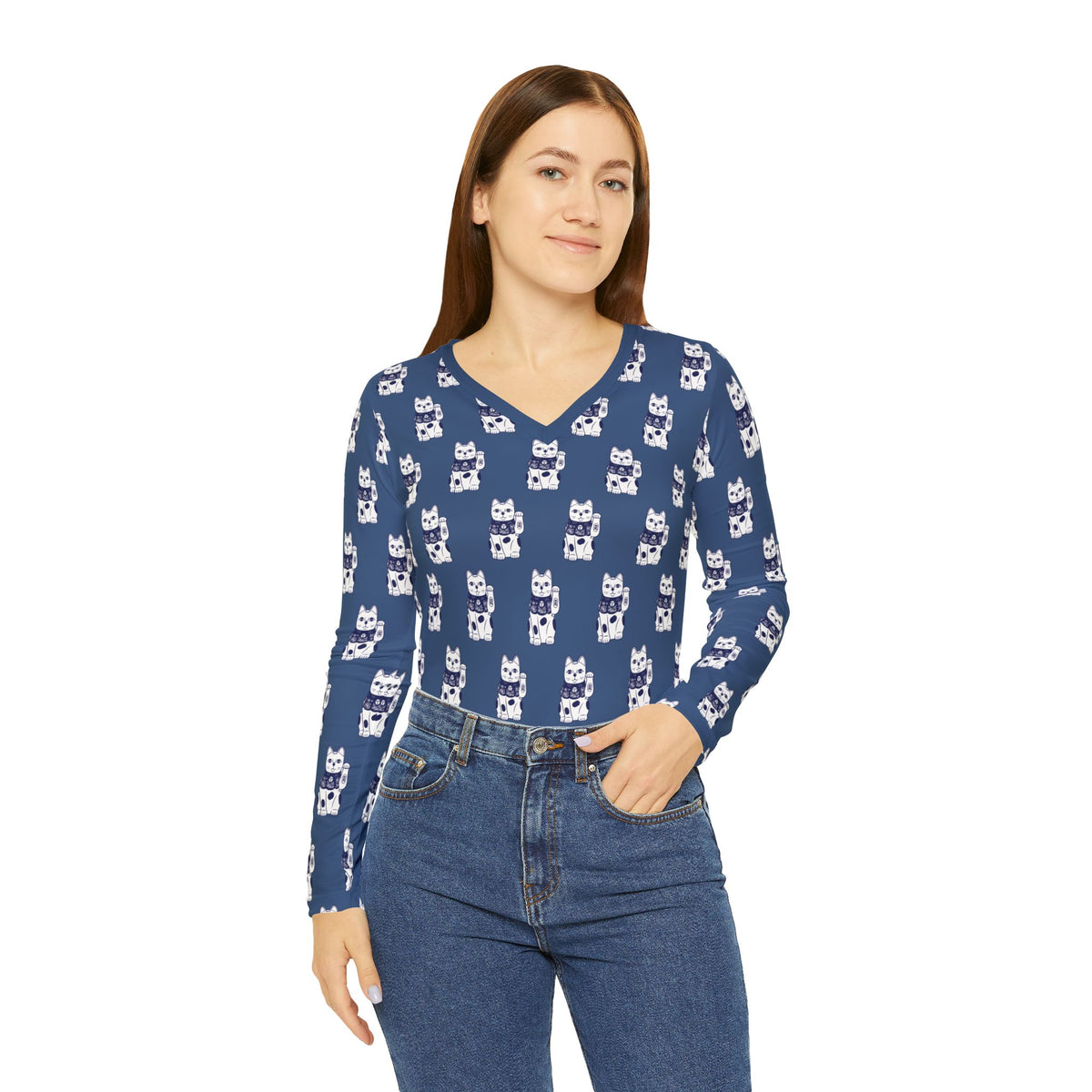 Luck Cat Women's Long Sleeve V-neck Shirt (AOP)
