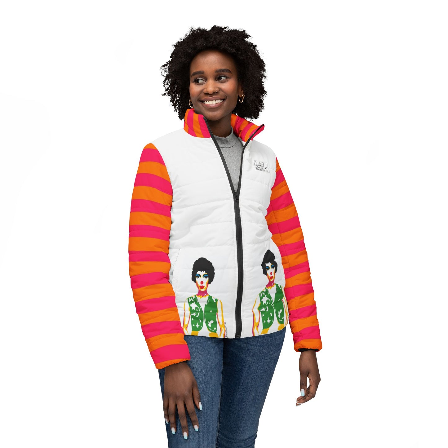 Retro Pop Art clown Puffer Jacket — Colorful Striped Sleeves with Bold Female Portrait