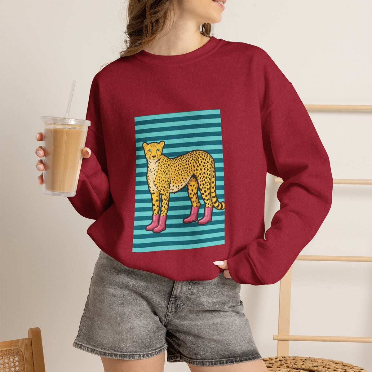 Cheetah in pink boots Unisex Heavy Blend™ Crewneck Sweatshirt