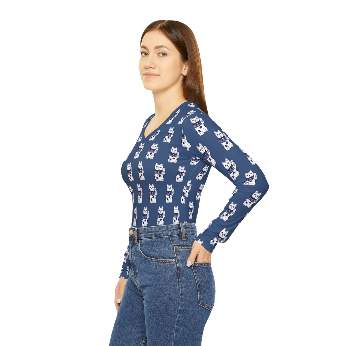 Luck Cat Women's Long Sleeve V-neck Shirt (AOP)
