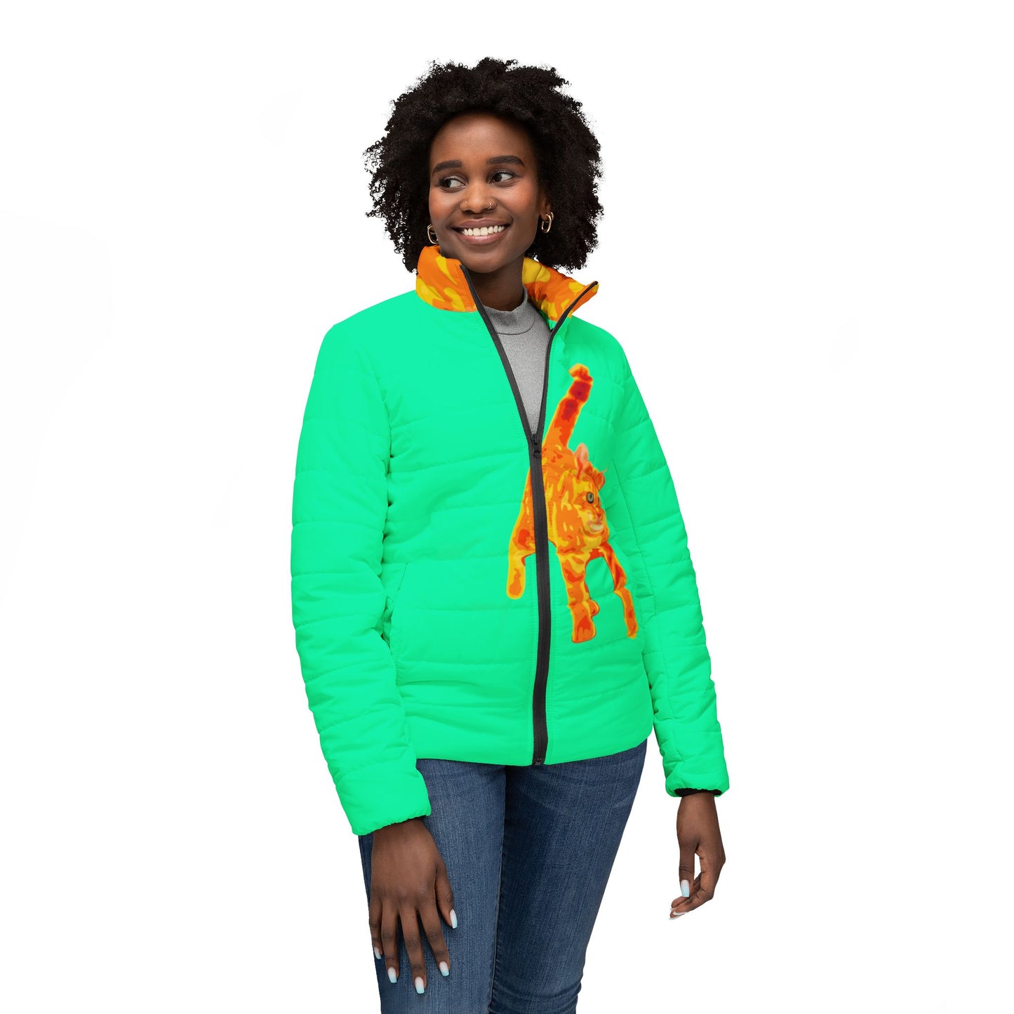 Bright Ginger Cat Women’s Puffer Jacket (AOP)