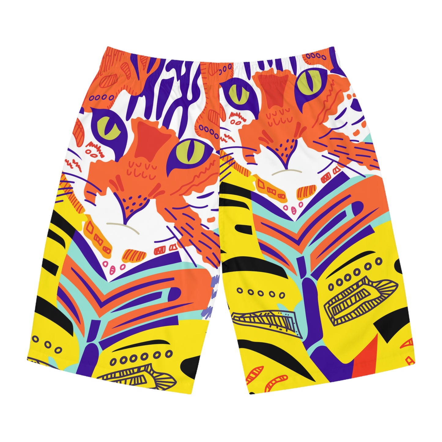 Bold Cat Face Board Shorts — Colorful Tropical Surf Trunks