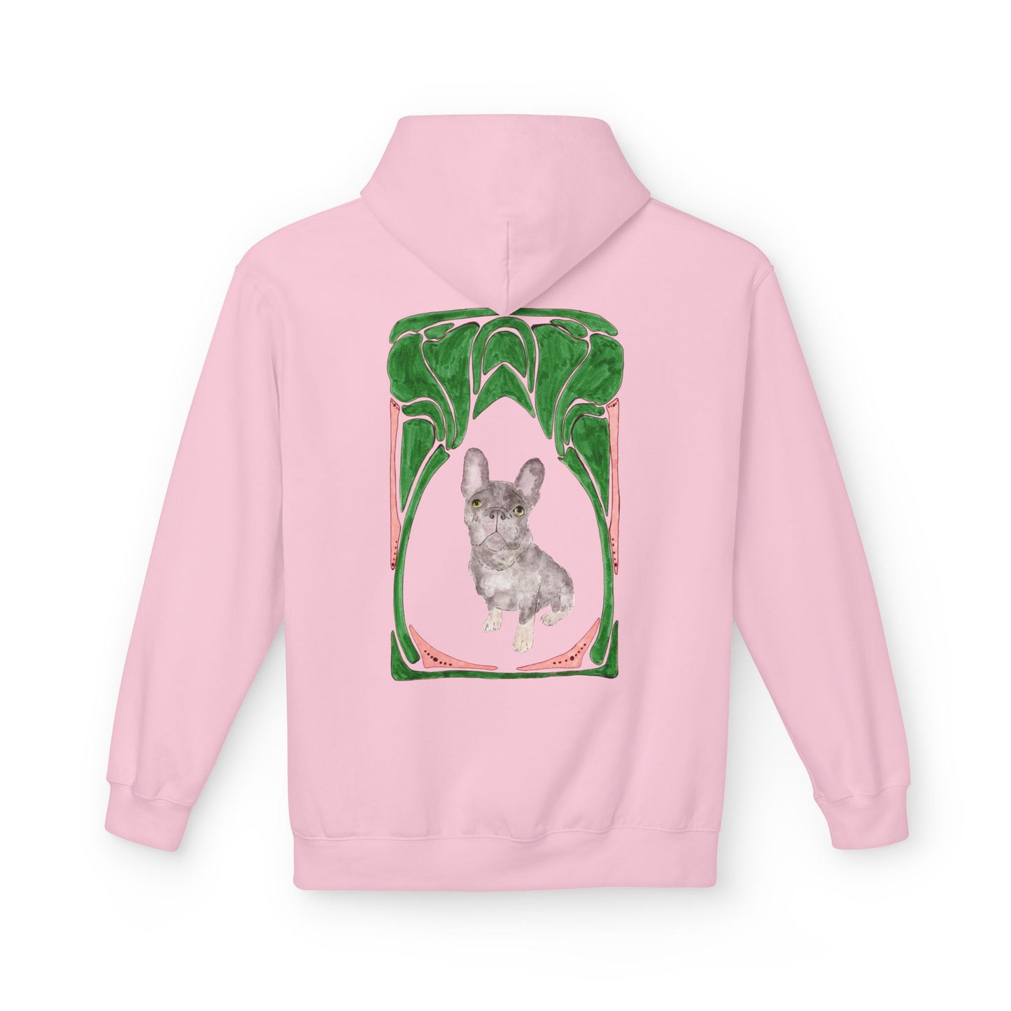 French Bulldog Art Hoodie — Watercolor  with Green Frame Back Print