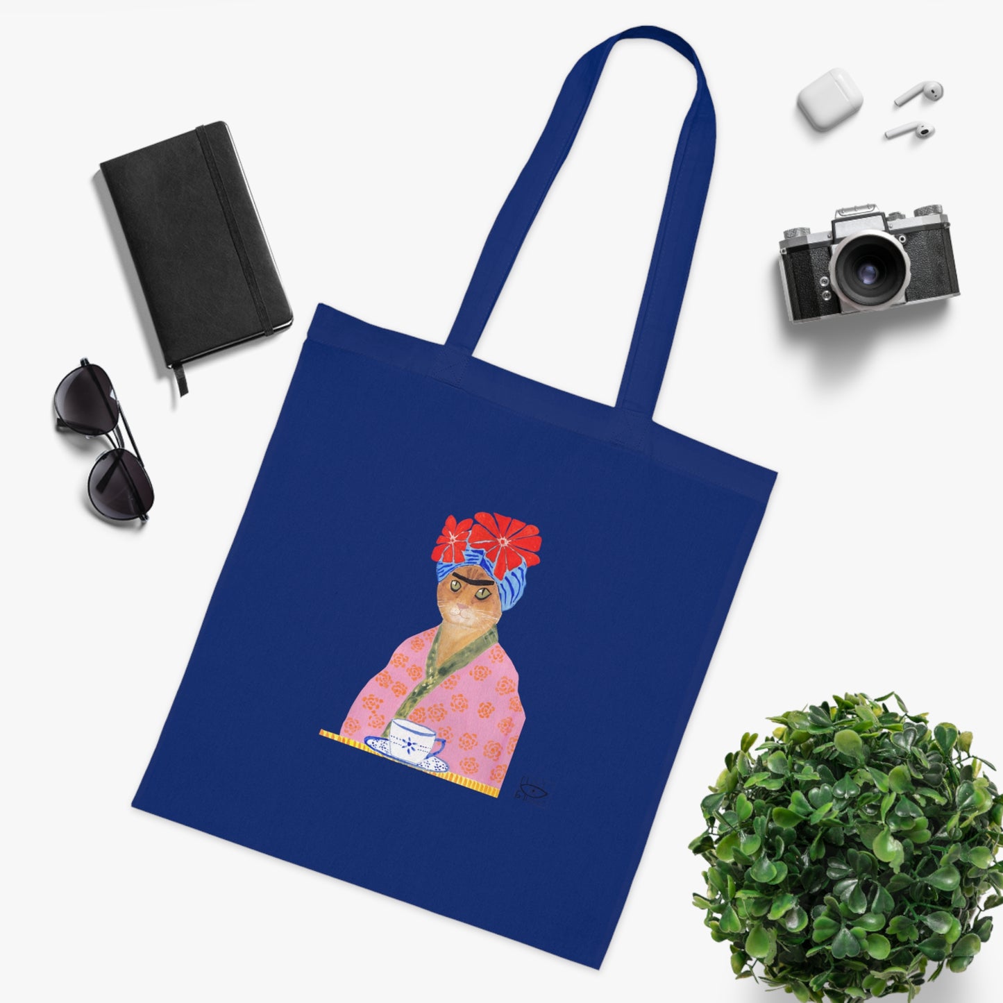 Frida Cat Cotton Tote Bag with Illustrated Woman Design
