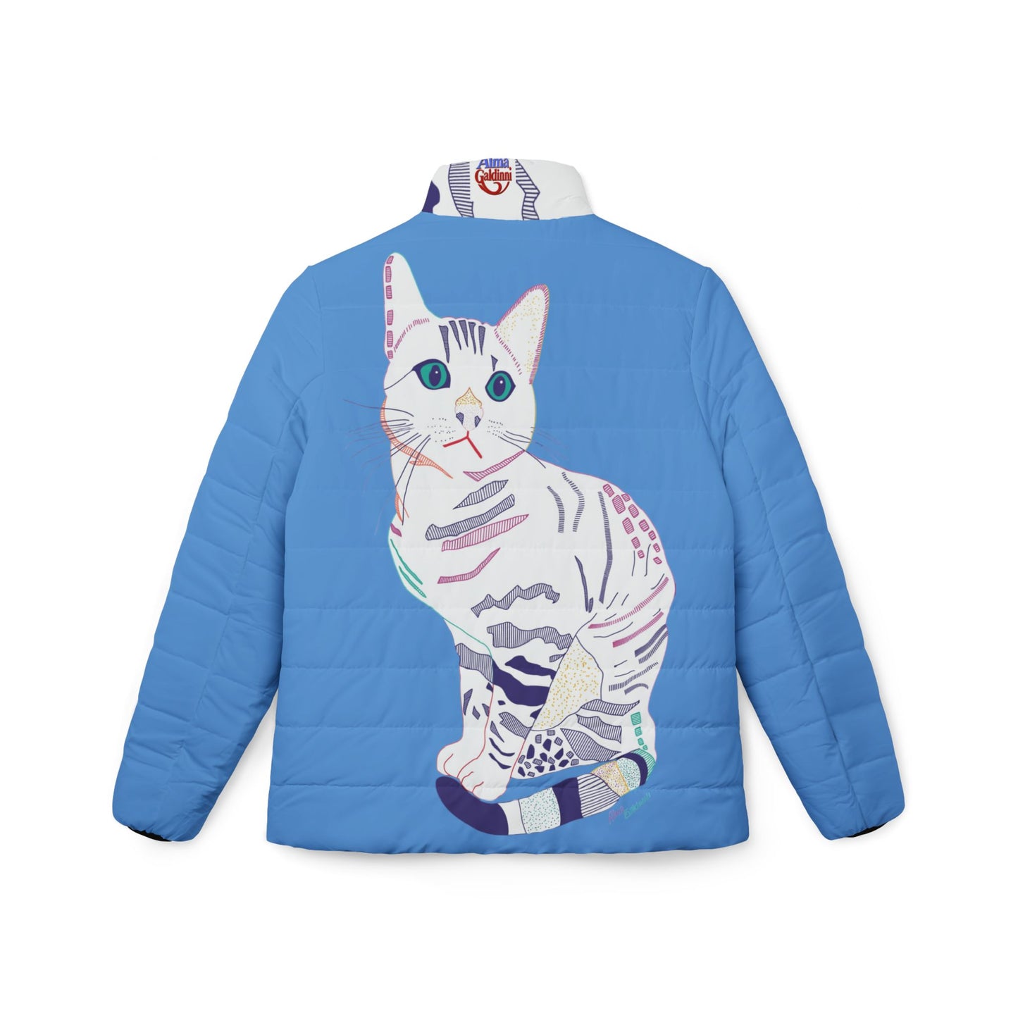 White Cat Puffer Jacket — Cute Illustrated Tabby Women’s Coat