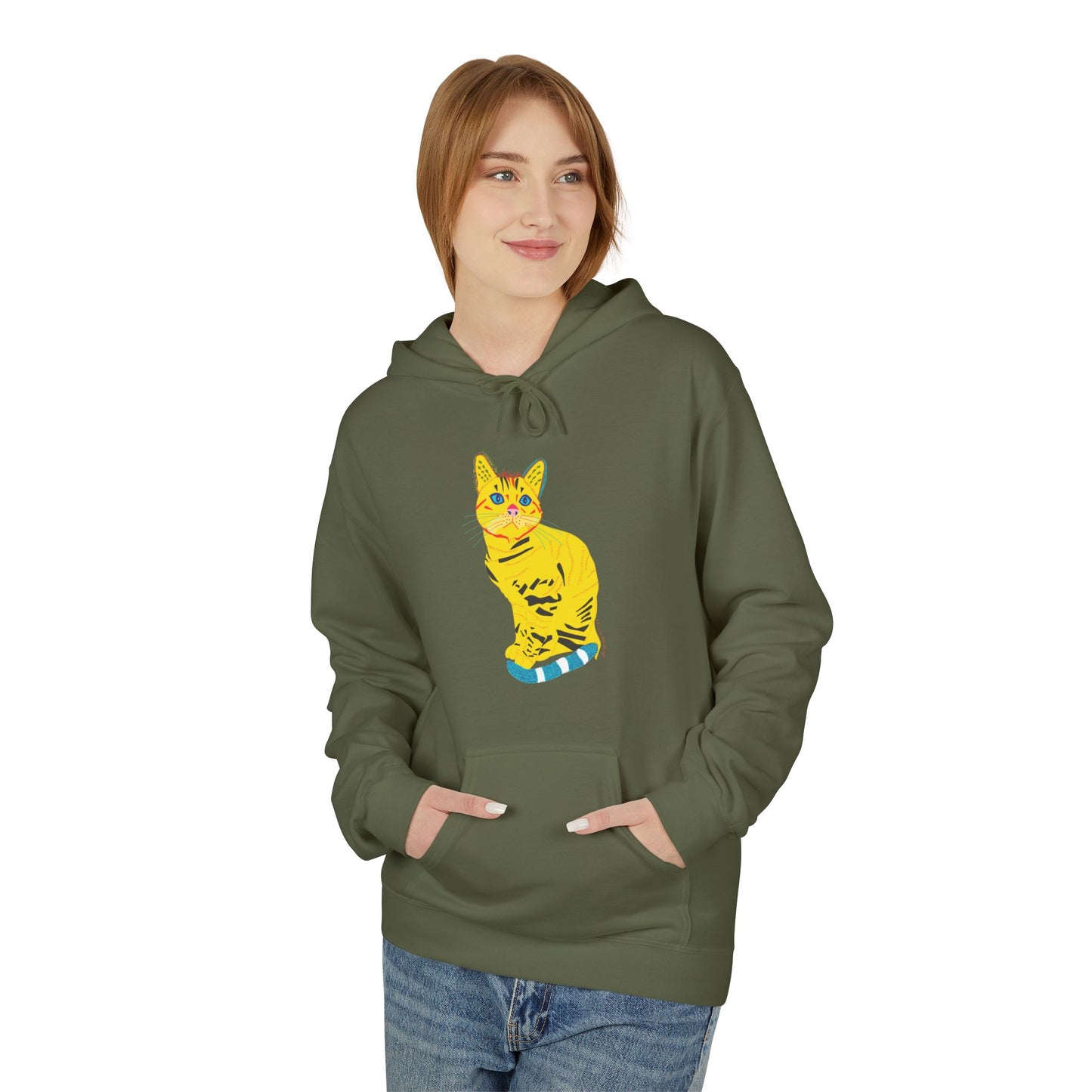 Yellow  Cat Hoodie — Vibrant  Cat Graphic Pullover